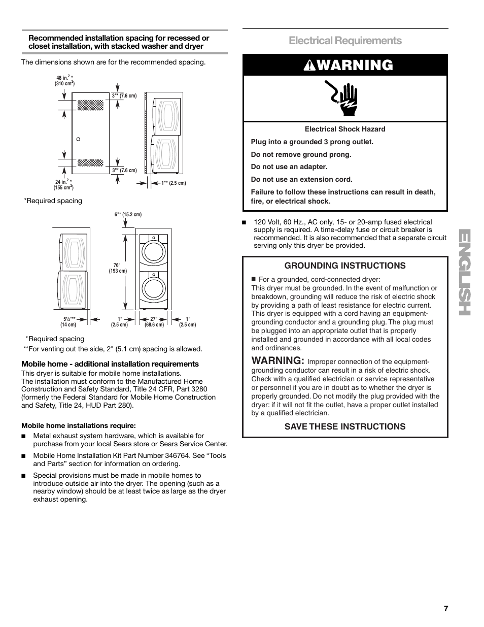 Warning, Electrical requirements, Grounding instructions save these instructions | SUUNTO 110.9772 User Manual | Page 7 / 56