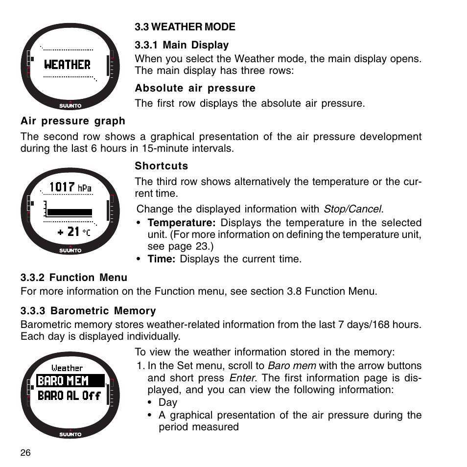 3 weather mode, 1 main display, 2 function menu | 3 barometric memory, 4 weather alarm | SUUNTO M9_en.p65 User Manual | Page 26 / 79