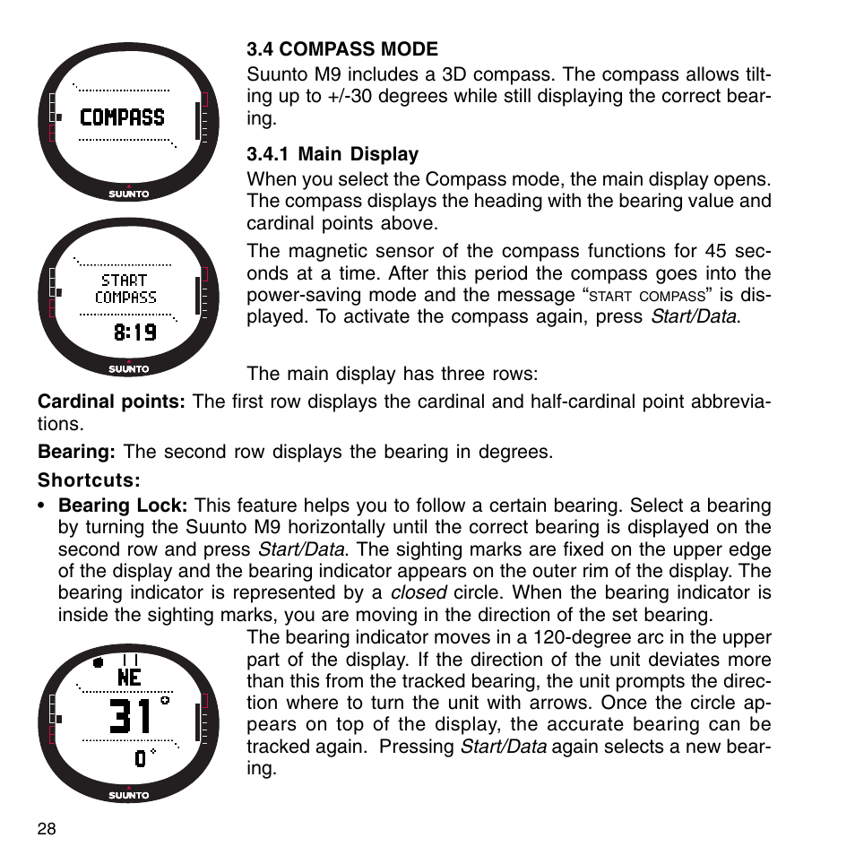 4 compass mode, 1 main display, 2 function menu | 3 calibrating the compass, 1 main display 3.4.2 function menu 3.4.3 calibrate | SUUNTO M9_en.p65 User Manual | Page 28 / 79