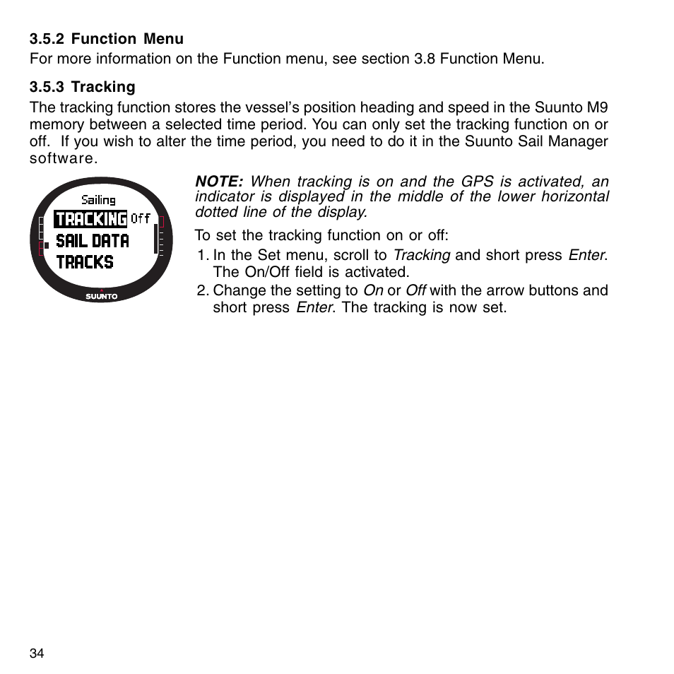 2 function menu, 3 tracking, 4 tracks | 2 function menu 3.5.3 tracking 3.5.4 tracks | SUUNTO M9_en.p65 User Manual | Page 34 / 79