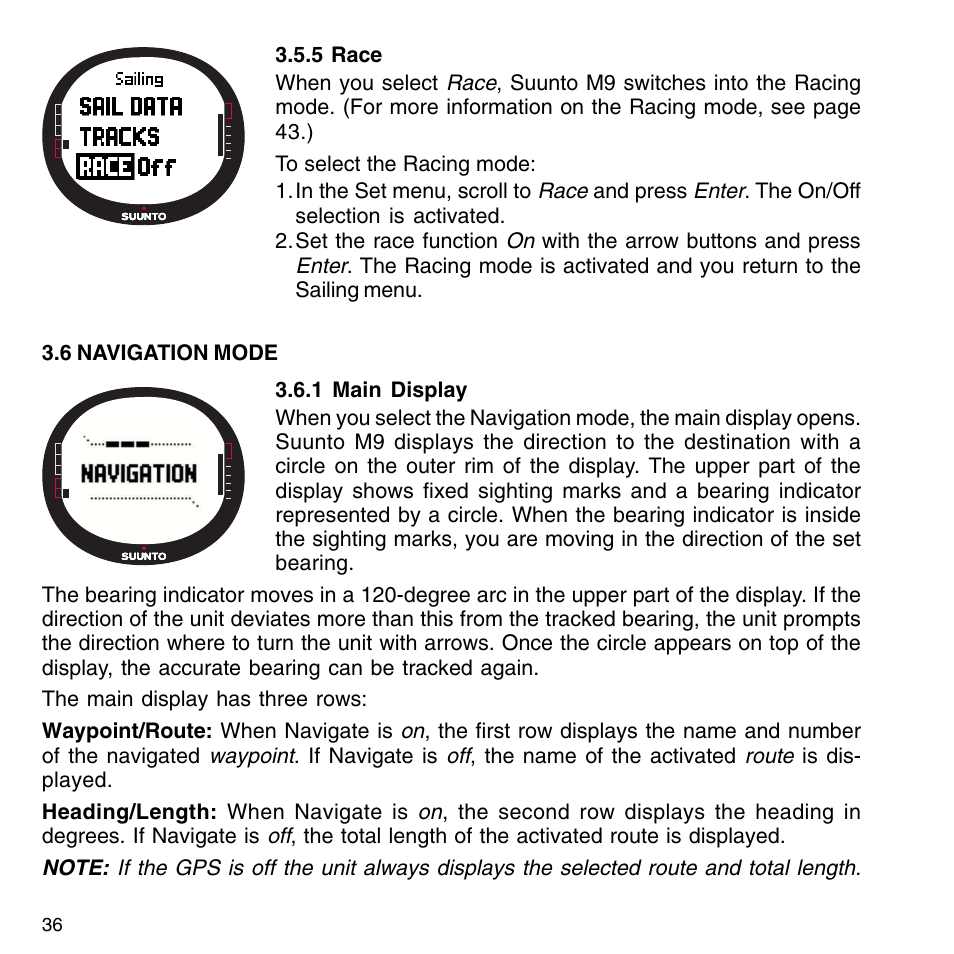 5 race, 6 navigation mode, 1 main display | 1 main display 3.6.2 function menu 3.6.3 navigate | SUUNTO M9_en.p65 User Manual | Page 36 / 79