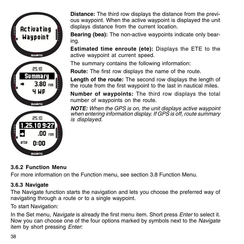 2 function menu, 3 navigate, 4 routes | SUUNTO M9_en.p65 User Manual | Page 38 / 79