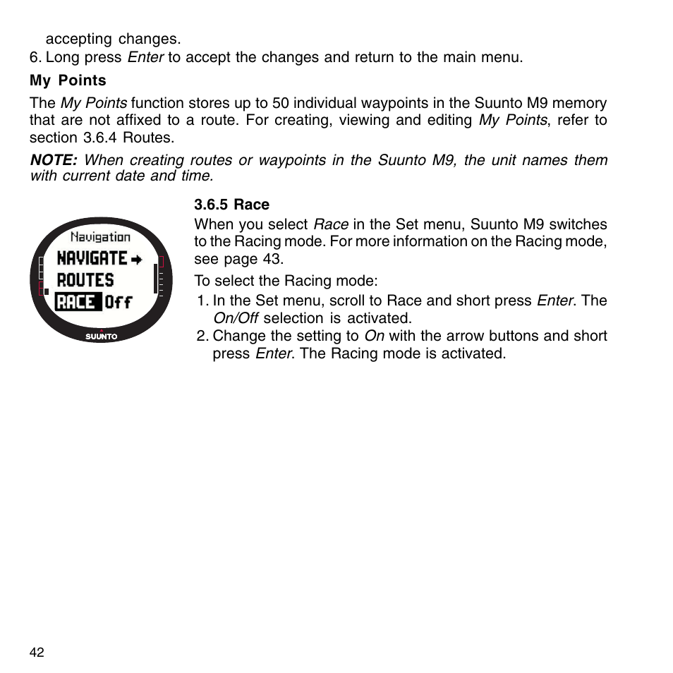 5 race, 7 racing mode, 1 main display | SUUNTO M9_en.p65 User Manual | Page 42 / 79