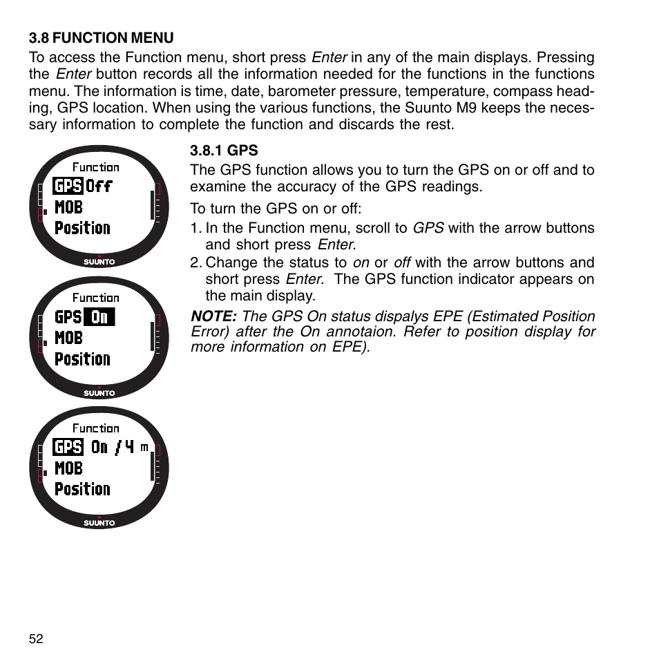 8 function menu, 1 gps, 2 mob | 1 gps 3.8.2 mob | SUUNTO M9_en.p65 User Manual | Page 52 / 79