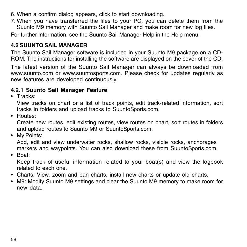 2 suunto sail manager, 1 suunto sail manager feature, 2 changing the suunto m9 settings | SUUNTO M9_en.p65 User Manual | Page 58 / 79