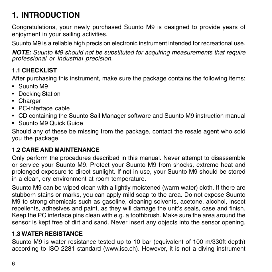 Introduction, 1 checklist, 2 care and maintenance | 3 water resistance, 4 charging the battery | SUUNTO M9_en.p65 User Manual | Page 6 / 79