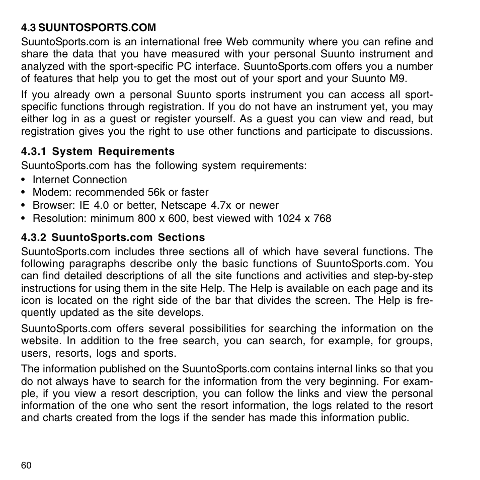 3 suuntosports.com, 1 system requirements, 2 suuntosports.com sections | SUUNTO M9_en.p65 User Manual | Page 60 / 79