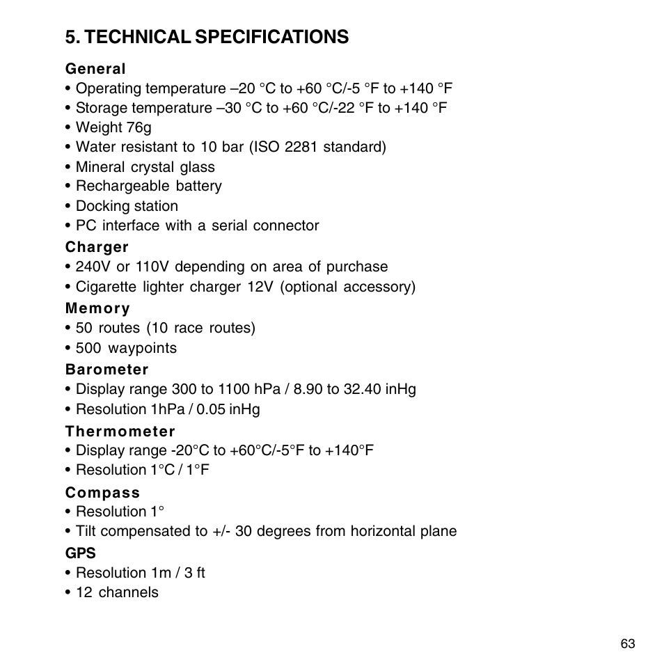 Technical specifications | SUUNTO M9_en.p65 User Manual | Page 63 / 79