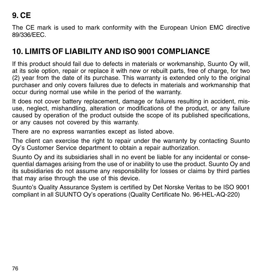 Limits of liability and iso 9001 compliance, Disclaimer | SUUNTO M9_en.p65 User Manual | Page 76 / 79