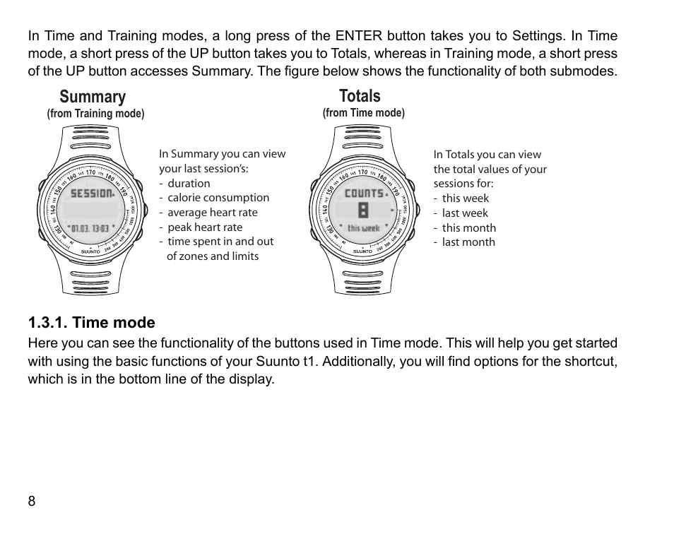 Time mode, Summary, Totals | SUUNTO t1 User Manual | Page 10 / 40