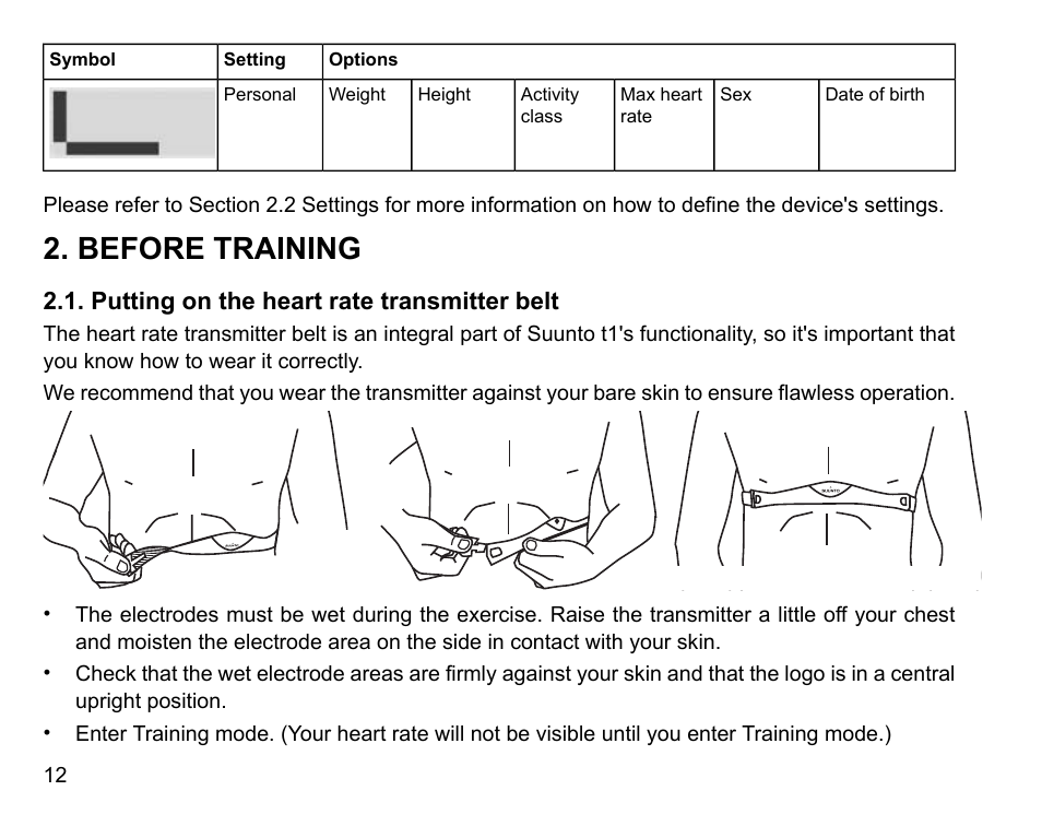 Before training, Putting on the heart rate transmitter belt | SUUNTO t1 User Manual | Page 14 / 40