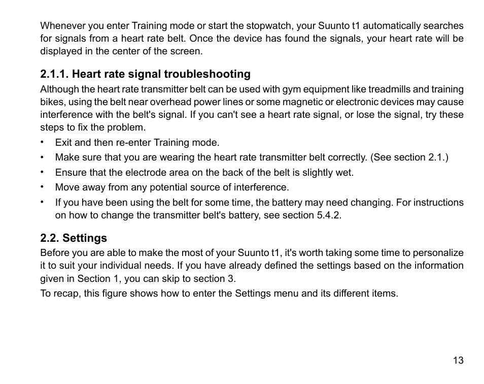 Heart rate signal troubleshooting, Settings | SUUNTO t1 User Manual | Page 15 / 40