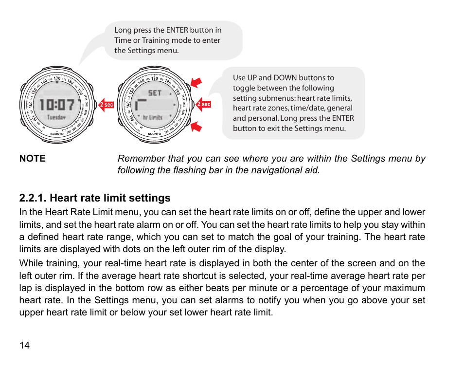 Heart rate limit settings | SUUNTO t1 User Manual | Page 16 / 40
