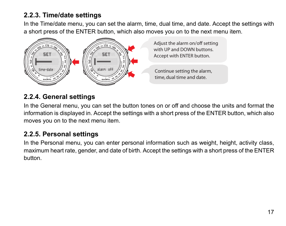 Time/date settings, General settings, Personal settings | 17 2.2.4. general settings, 17 2.2.5. personal settings | SUUNTO t1 User Manual | Page 19 / 40