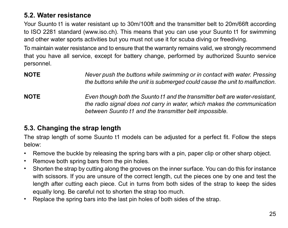 Water resistance, Changing the strap length, 25 5.3. changing the strap length | SUUNTO t1 User Manual | Page 27 / 40