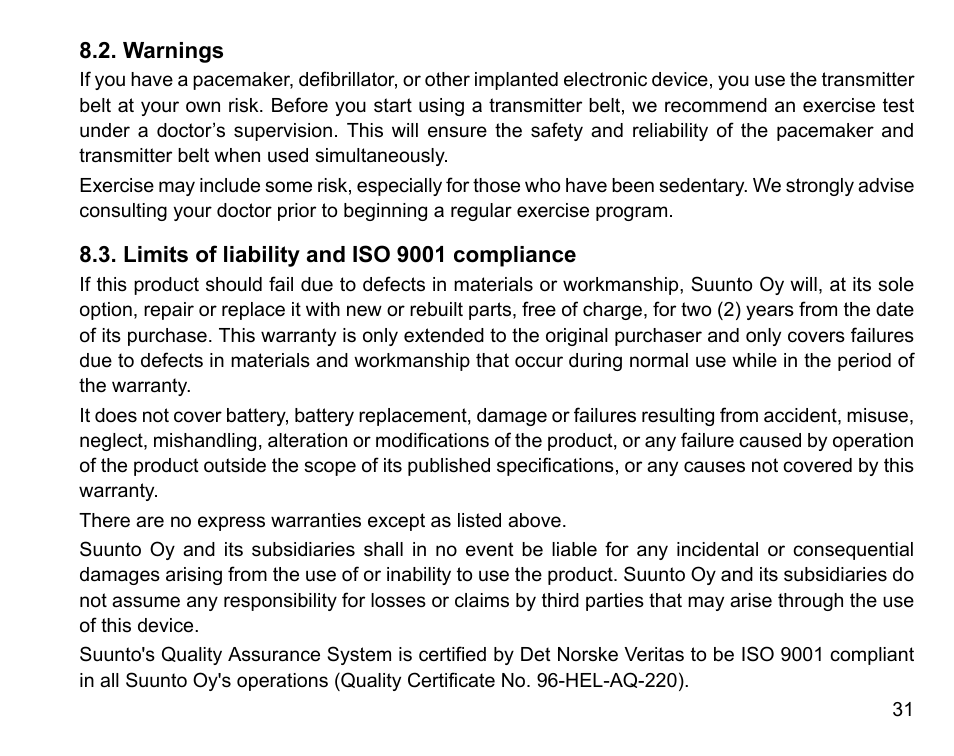 Warnings, Limits of liability and iso 9001 compliance | SUUNTO t1 User Manual | Page 33 / 40