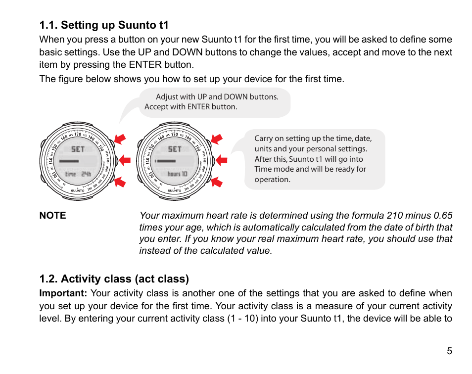 Setting up suunto t1, Activity class (act class), 5 1.2. activity class (act class) | SUUNTO t1 User Manual | Page 7 / 40