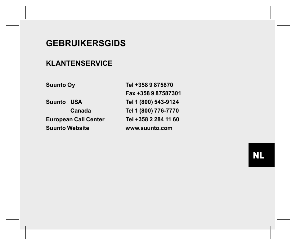 Gebruikersgids, Klantenservice | SUUNTO EN | FR | DE | ES | IT | NL | FI | SV User Manual | Page 223 / 352