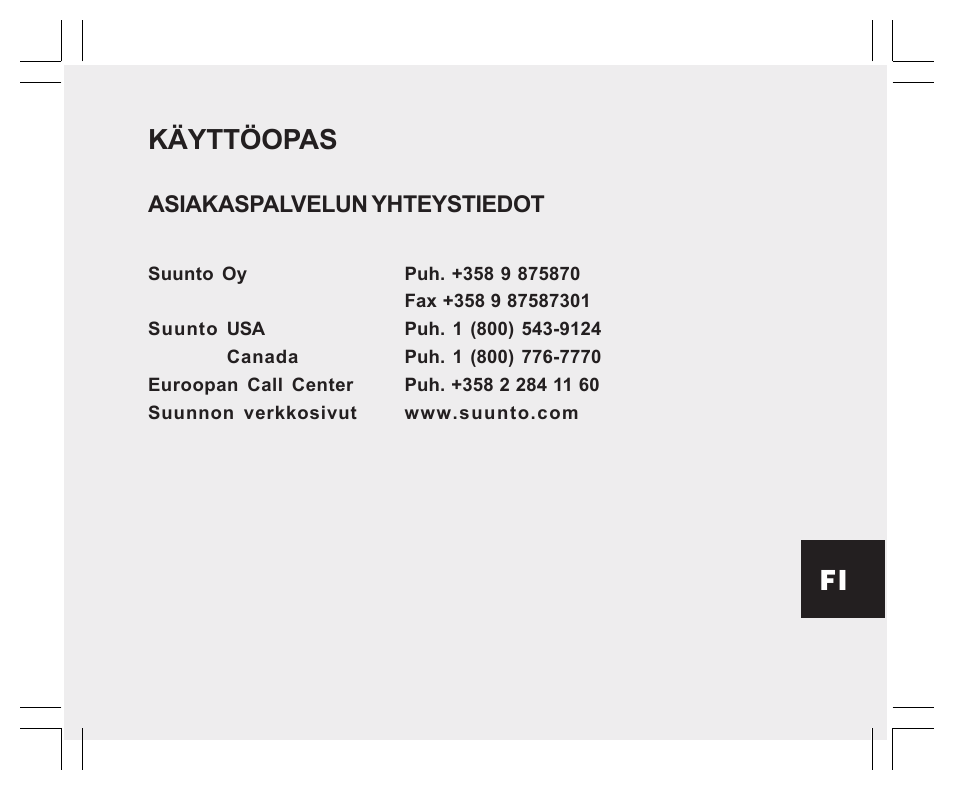 Käyttöopas, Asiakaspalvelun yhteystiedot | SUUNTO EN | FR | DE | ES | IT | NL | FI | SV User Manual | Page 265 / 352