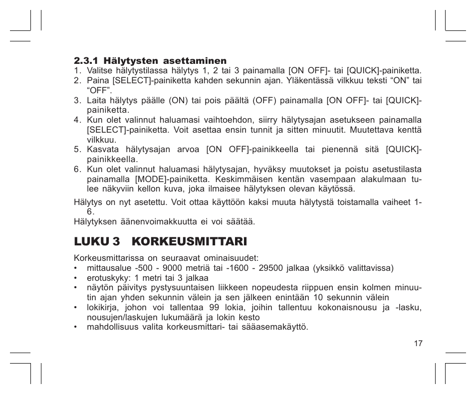 Luku 3 korkeusmittari | SUUNTO EN | FR | DE | ES | IT | NL | FI | SV User Manual | Page 281 / 352