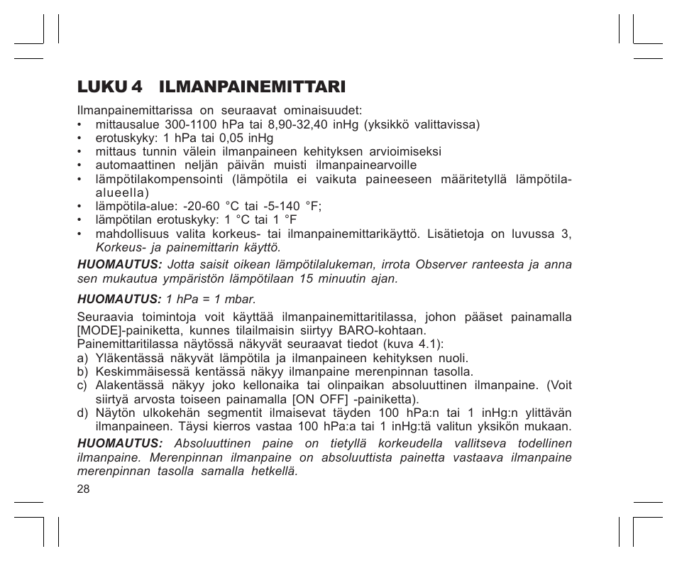 Luku 4 ilmanpainemittari | SUUNTO EN | FR | DE | ES | IT | NL | FI | SV User Manual | Page 292 / 352