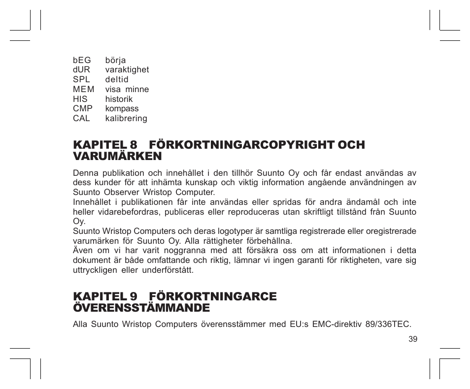 Kapitel 8 förkortningarcopyright och varumärken, Kapitel 9 förkortningarce överensstämmande | SUUNTO EN | FR | DE | ES | IT | NL | FI | SV User Manual | Page 343 / 352