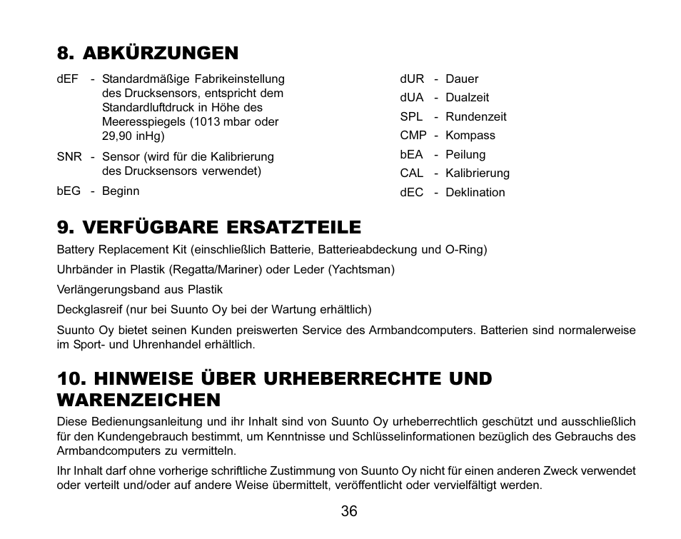 Abkürzungen, Verfügbare ersatzteile, Hinweise über urheberrechte und warenzeichen | SUUNTO MARINER | REGATTA | YACHTSMAN User Manual | Page 114 / 288