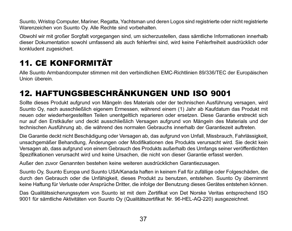 Ce konformität, Haftungsbeschränkungen und iso 9001 | SUUNTO MARINER | REGATTA | YACHTSMAN User Manual | Page 115 / 288