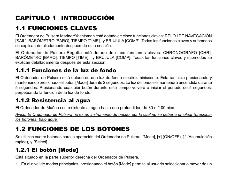 Capítulo 1 introducción 1.1 funciones claves, 2 funciones de los botones, 1 funciones de la luz de fondo | 2 resistencia al agua, 1 el botón [mode | SUUNTO MARINER | REGATTA | YACHTSMAN User Manual | Page 120 / 288