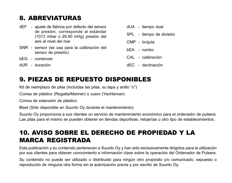 Abreviaturas, Piezas de repuesto disponibles | SUUNTO MARINER | REGATTA | YACHTSMAN User Manual | Page 151 / 288