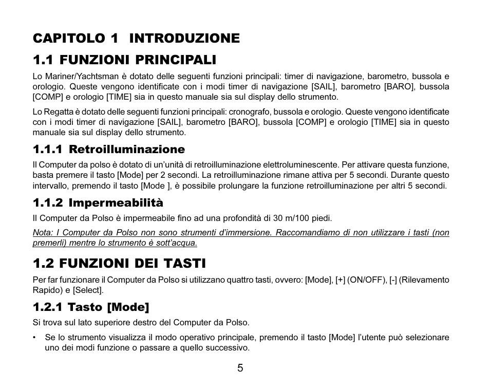 Capitolo 1 introduzione 1.1 funzioni principali, 2 funzioni dei tasti, 1 retroilluminazione | 2 impermeabilità, 1 tasto [mode | SUUNTO MARINER | REGATTA | YACHTSMAN User Manual | Page 157 / 288