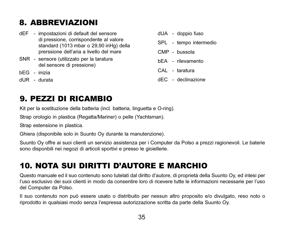 Abbreviazioni, Pezzi di ricambio, Nota sui diritti dautore e marchio | SUUNTO MARINER | REGATTA | YACHTSMAN User Manual | Page 187 / 288