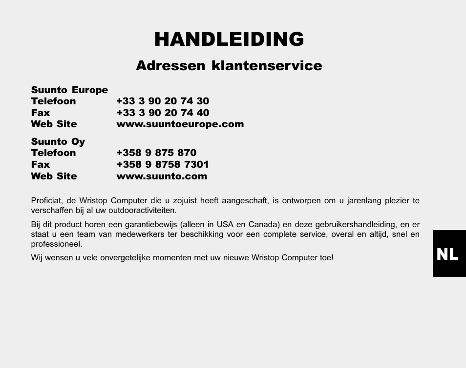 Handleiding, Adressen klantenservice | SUUNTO MARINER | REGATTA | YACHTSMAN User Manual | Page 189 / 288