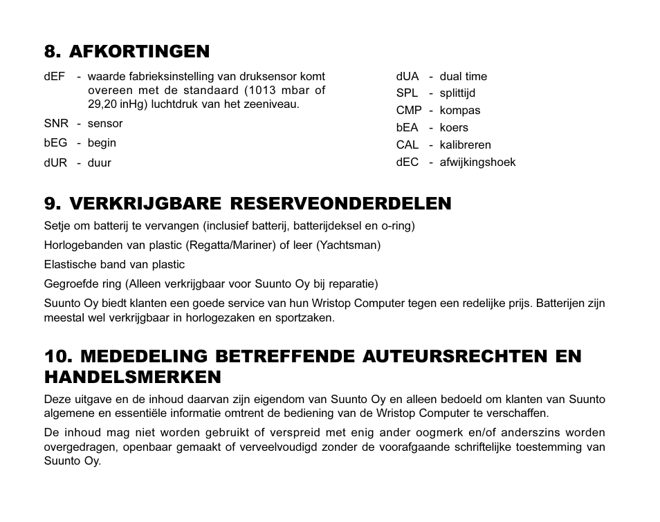 Afkortingen, Verkrijgbare reserveonderdelen | SUUNTO MARINER | REGATTA | YACHTSMAN User Manual | Page 221 / 288