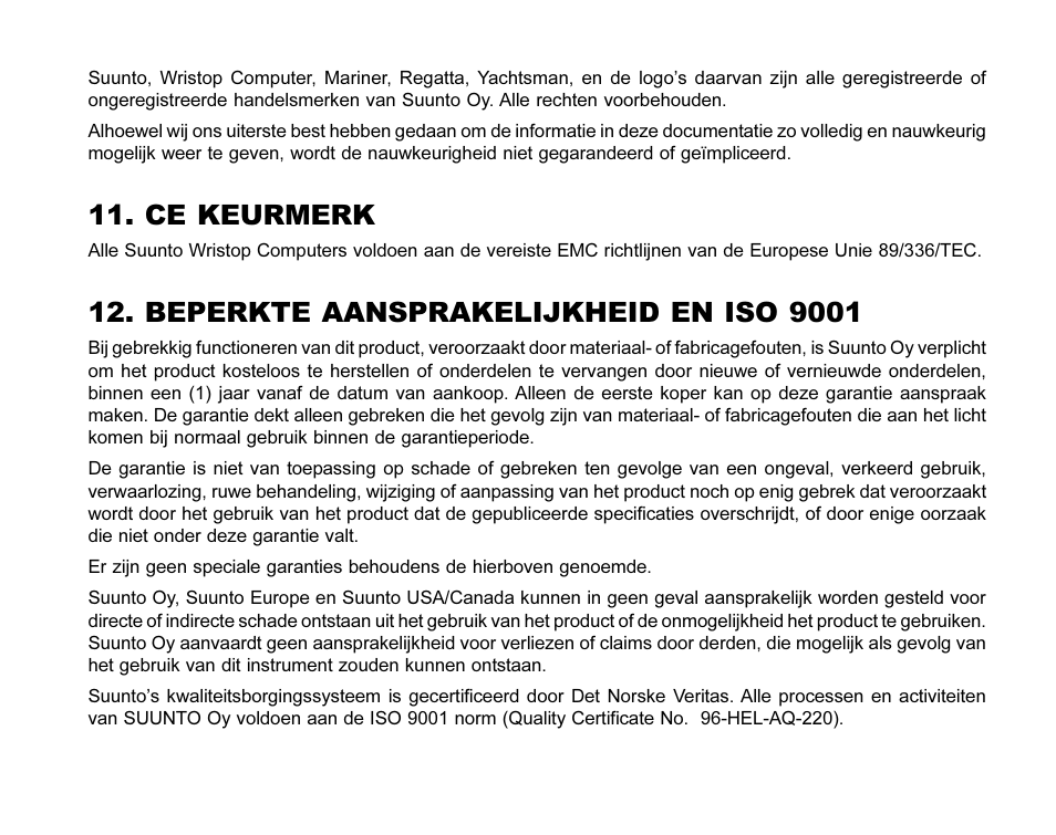 Ce keurmerk, Beperkte aansprakelijkheid en iso 9001 | SUUNTO MARINER | REGATTA | YACHTSMAN User Manual | Page 222 / 288