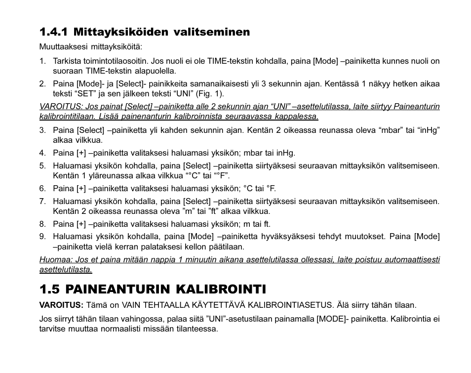 5 paineanturin kalibrointi, 1 mittayksiköiden valitseminen | SUUNTO MARINER | REGATTA | YACHTSMAN User Manual | Page 230 / 288