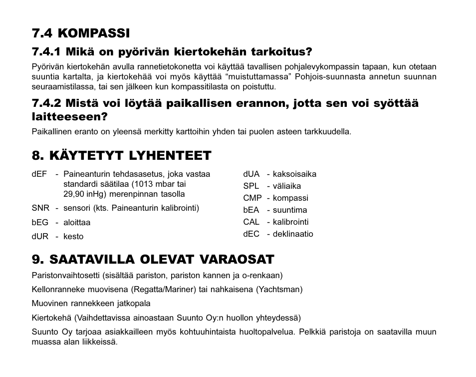 4 kompassi, Käytetyt lyhenteet, Saatavilla olevat varaosat | SUUNTO MARINER | REGATTA | YACHTSMAN User Manual | Page 253 / 288