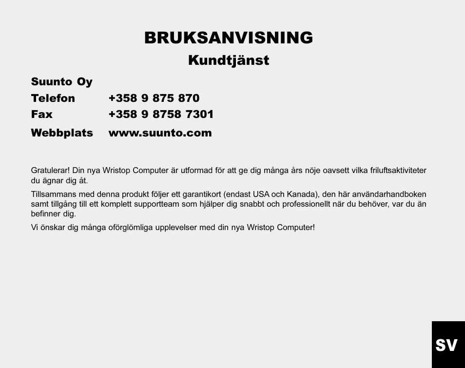 Sv bruksanvisning, Kundtjänst | SUUNTO MARINER | REGATTA | YACHTSMAN User Manual | Page 255 / 288