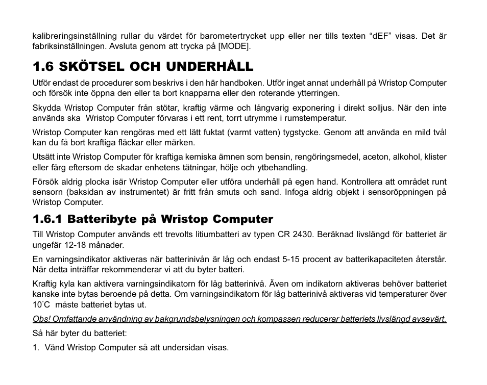 6 skötsel och underhåll, 1 batteribyte på wristop computer | SUUNTO MARINER | REGATTA | YACHTSMAN User Manual | Page 263 / 288