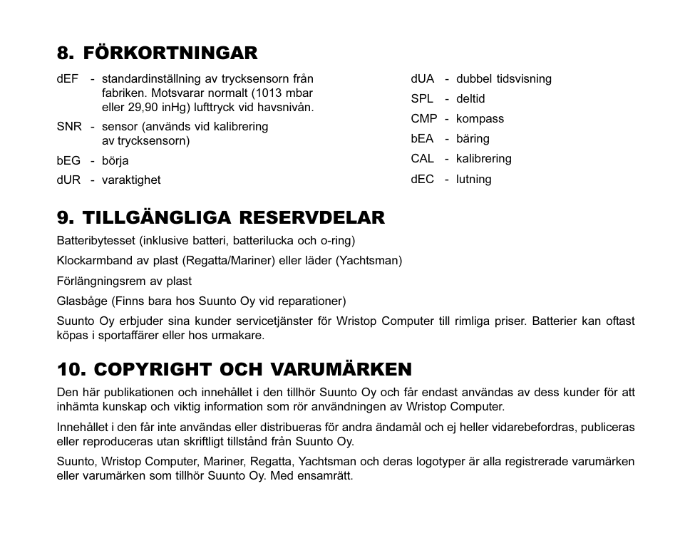 Förkortningar, Tillgängliga reservdelar, Copyright och varumärken | SUUNTO MARINER | REGATTA | YACHTSMAN User Manual | Page 286 / 288