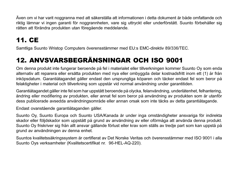 Anvsvarsbegränsningar och iso 9001 | SUUNTO MARINER | REGATTA | YACHTSMAN User Manual | Page 287 / 288