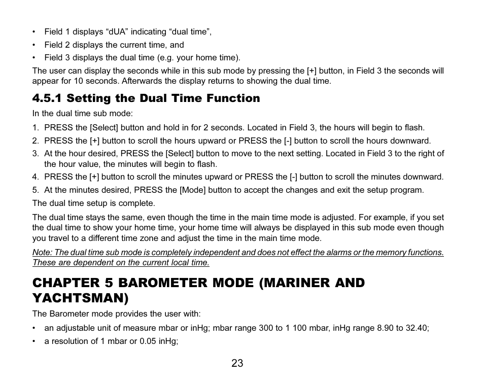 Chapter 5 barometer mode (mariner and yachtsman), 1 setting the dual time function | SUUNTO MARINER | REGATTA | YACHTSMAN User Manual | Page 30 / 288