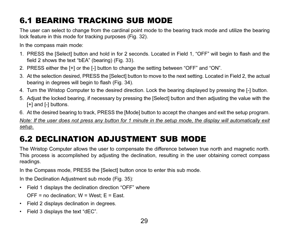 1 bearing tracking sub mode, 2 declination adjustment sub mode | SUUNTO MARINER | REGATTA | YACHTSMAN User Manual | Page 36 / 288