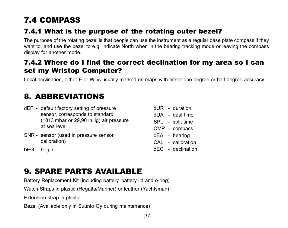 4 compass, Abbreviations, Spare parts available | 1 what is the purpose of the rotating outer bezel | SUUNTO MARINER | REGATTA | YACHTSMAN User Manual | Page 41 / 288