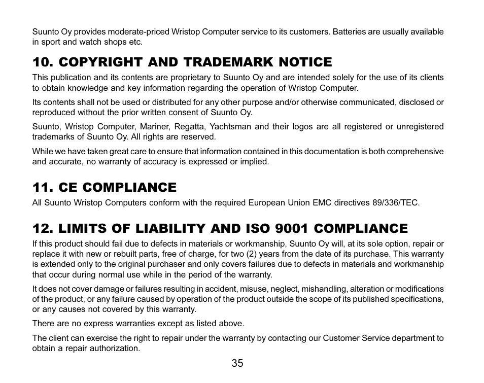 Copyright and trademark notice, Ce compliance, Limits of liability and iso 9001 compliance | SUUNTO MARINER | REGATTA | YACHTSMAN User Manual | Page 42 / 288