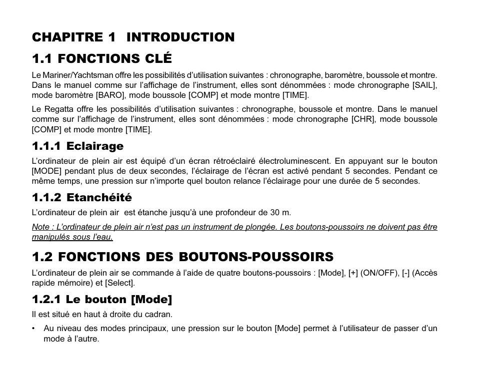 Chapitre 1 introduction 1.1 fonctions clé, 2 fonctions des boutons-poussoirs, 1 eclairage | 2 etanchéité, 1 le bouton [mode | SUUNTO MARINER | REGATTA | YACHTSMAN User Manual | Page 48 / 288