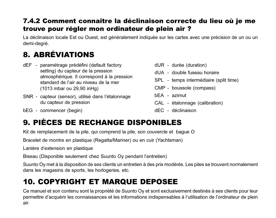 Abréviations, Pièces de rechange disponibles, Copyright et marque deposee | SUUNTO MARINER | REGATTA | YACHTSMAN User Manual | Page 77 / 288