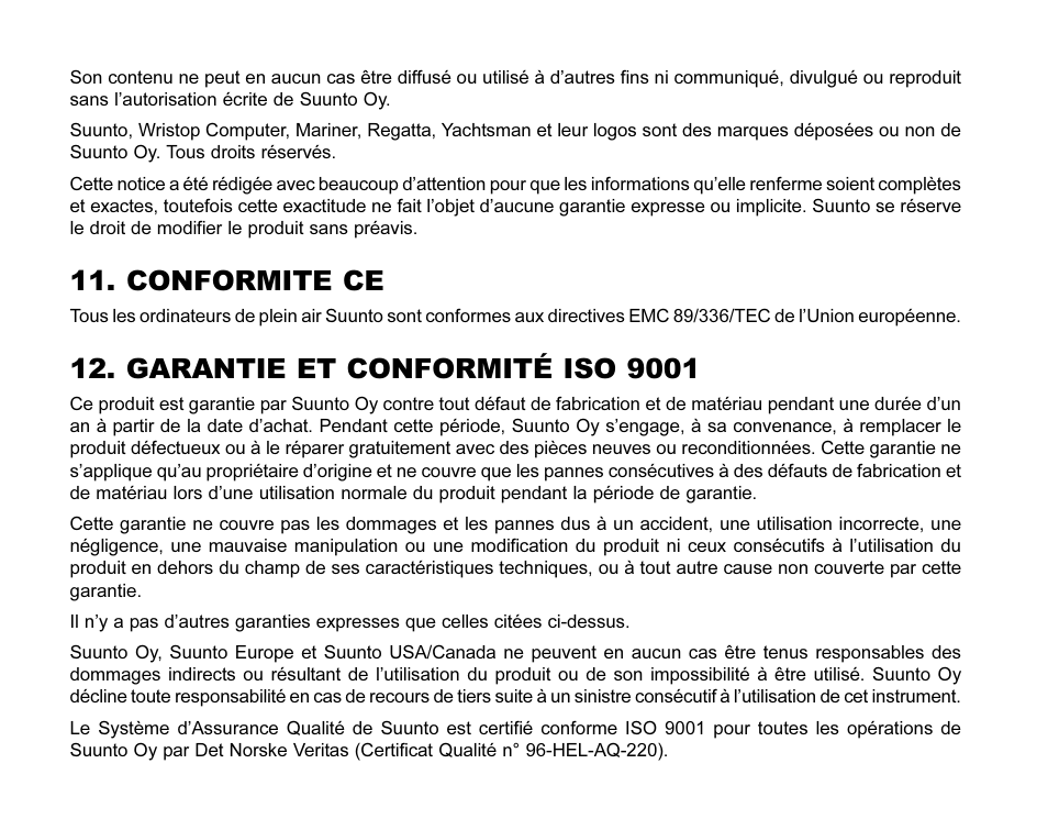 Conformite ce, Garantie et conformité iso 9001 | SUUNTO MARINER | REGATTA | YACHTSMAN User Manual | Page 78 / 288