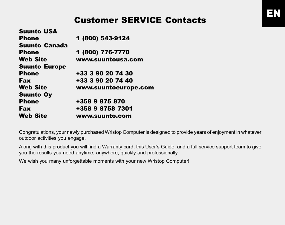 Customer service contacts | SUUNTO MARINER | REGATTA | YACHTSMAN User Manual | Page 8 / 288