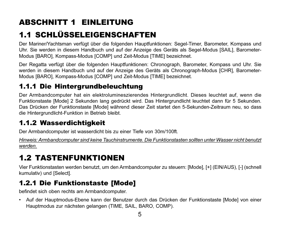 Abschnitt 1 einleitung 1.1 schlüsseleigenschaften, 2 tastenfunktionen, 1 die hintergrundbeleuchtung | 2 wasserdichtigkeit, 1 die funktionstaste [mode | SUUNTO MARINER | REGATTA | YACHTSMAN User Manual | Page 83 / 288